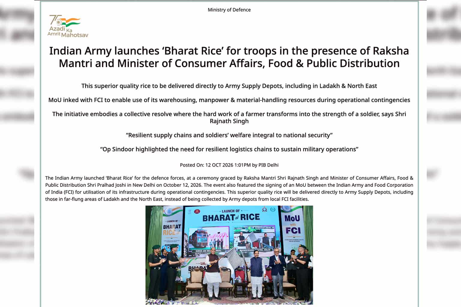 Indian Army Bharat Rice 2026: Better quality rations, direct supply to Army Depots & new FCI agreement